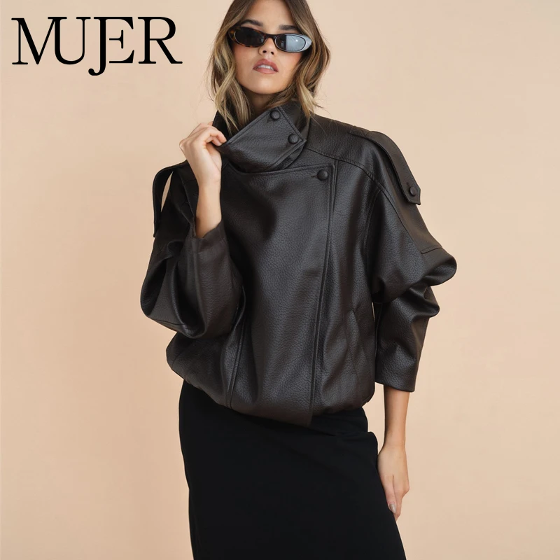 MUJER 여성용 인조 가죽 봄버 재킷 패션 윈드브레이커 재킷 여성용 따뜻한 겨울 코트 아우터웨어 오버코트