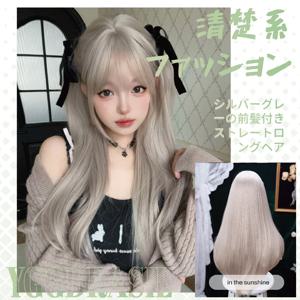 28인치 애쉬 실버 레이디라이크 스타일 합성 가발 앞머리 포함 긴 생머리 메커니즘 가발 여성용 데일리 사용 내열성