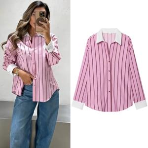 여성 블라우스 탑 봄 신상 패션 컬러 블록킹 우아한 여성 셔츠 탑 시크 스트릿 싱글 브레스티드 탑