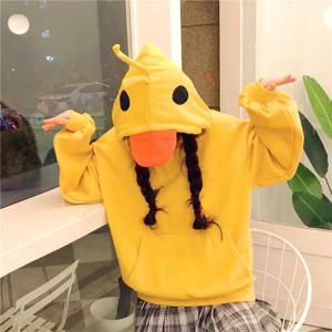 Deeptown Kawaii Duck 후드 티 여성 긴 소매 귀여운 탑 Emo 의류 한국어 2023 패션 겨울 노란색 캐주얼 풀오버 부드러운 소녀