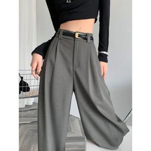 2024 가을 겨울 우아한 회색 정장 여성용 바지 Office Lady 하이 웨이스트 와이드 레그 패션 바지 포켓 블랙 바지