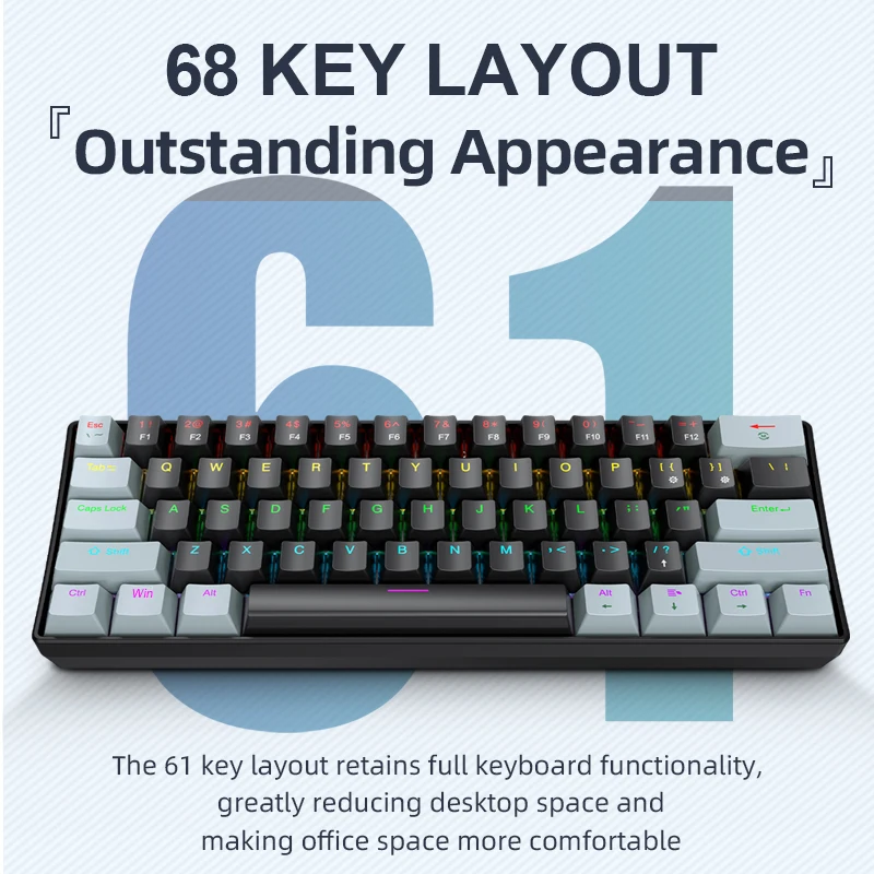 APAYADO K61 미니 기계식 키보드, 유선, 61 키, 팬텀 RGB, 게임용 검정/흰색 빨간색/파란색 기계식 스위치, 60% 휴대용
