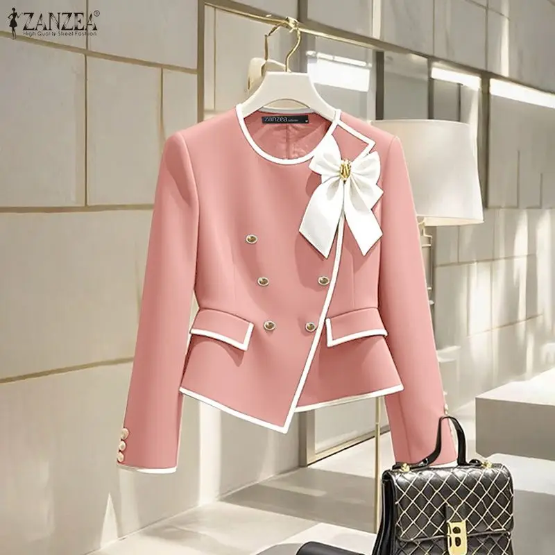 ZANZEA 우아한 블레이저 가을 더블 브레스티드 긴 소매 코트 여성 패션 리본 오피스 아우터웨어 2025 캐주얼 스트리트 재킷