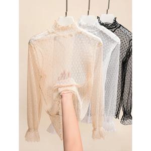 벨라 필로소피 여성 하이 칼라 메쉬 시스루 블라우스 여름 얇은 슬림핏 레이스 롱 플레어 슬리브 탑