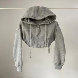 스파이시 걸 레트로 솔리드 컬러 후드티 여성용 울트라 숏 허리 조절 배꼽 노출 긴팔 오픈 가디건 탑 코트