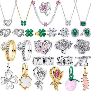 새로운 925 스털링 실버 네잎 클로버 꽃 귀걸이 반지 펜던트 비즈 DIY 여성용 팔찌 목걸이 쥬얼리 선물