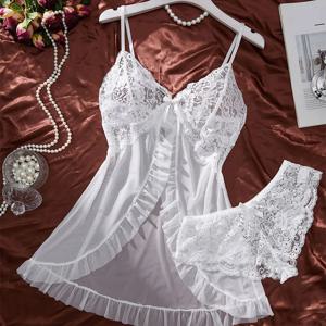 투명 흰색 Tulle 잠옷 홀터 Homewear 여성 잠옷 팬티 플러스 사이즈 커브 드레스와 함께 설정 뜨거운 성인 란제리 잠옷