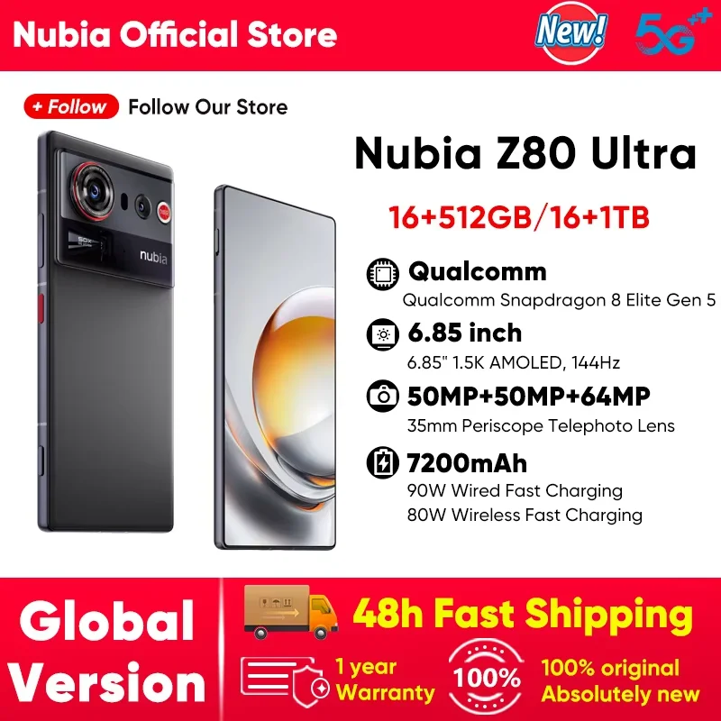 공식 누비아 Z80 울트라 5G 스마트폰 글로벌 버전 스냅드래곤 8 엘리트 5세대 7200mAh 6.85인치 144Hz OLED 디스플레이 90W 고속 충전