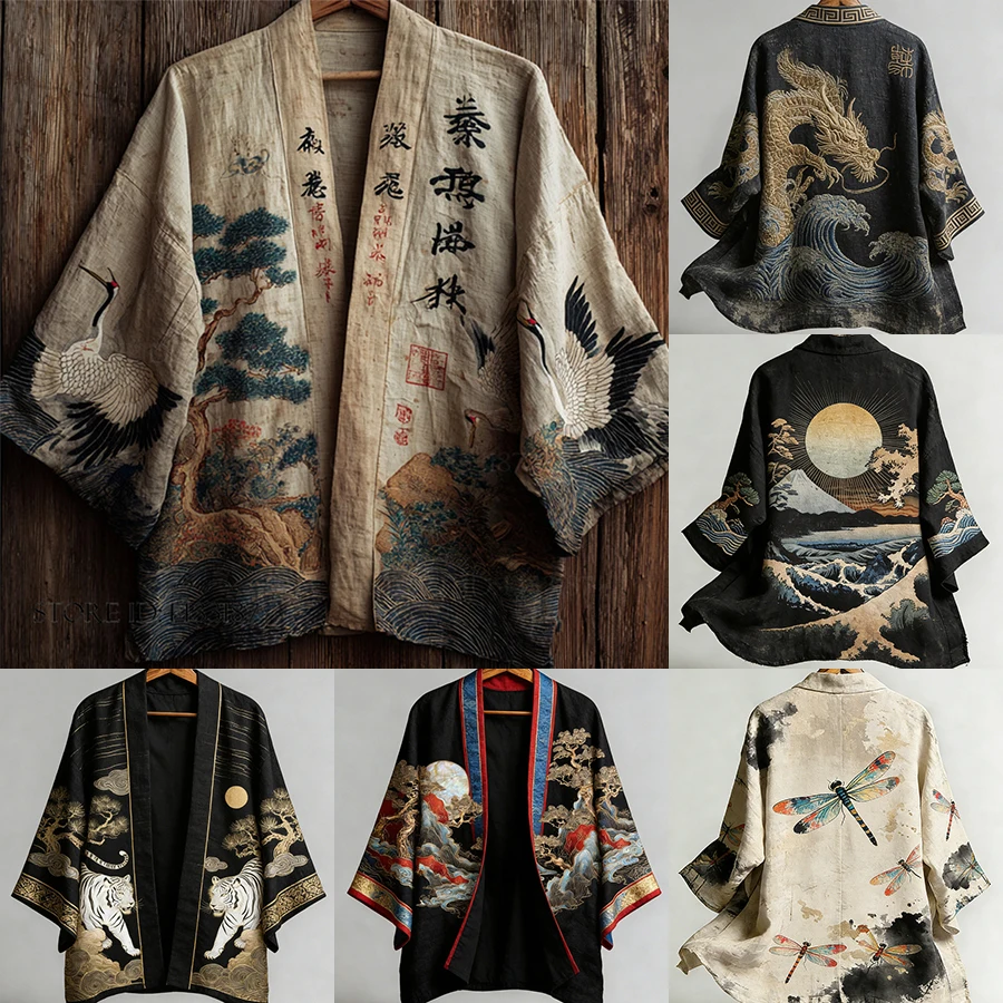 대형 사이즈 일본식 기모노 가디건 남성 코트 레트로 프린트 반소매 유카타 하오리 사무라이 의상 캐주얼 하라주쿠 셔츠 재킷