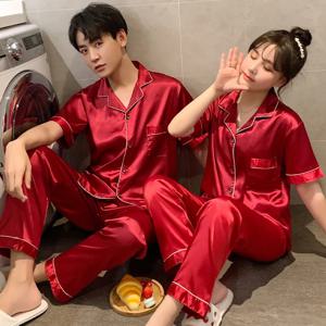 봄 실크 새틴 잠옷 커플 세트 여름 짧은 소매 버튼 다운 잠옷 여성 남성 솔리드 컬러 Loungewear 플러스 사이즈 Pj 세트