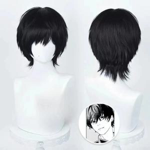 애니메이션 요시다 히로후미 코스프레 가발 35cm 짧은 검정색 내열성 합성 머리 남자 파티 가발