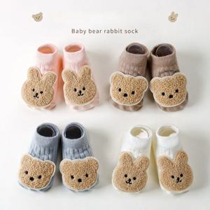 신생아 미끄럼 방지 논슬립 도트 귀여운 곰 프린트 발목 양말, 봄 가을용 부드러운 면 소재 유아용 양말