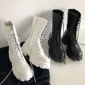 새로운 중반 송아지 부츠 여성 가을 ​​겨울 패션 레이스 업 숙녀 첼시 지퍼 Botas Mujer 부츠 스포츠 플랫폼 힐 숙녀 신발