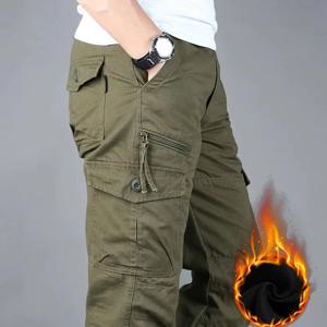 남성 겨울 바지 루즈 캐주얼 카고 바지 양털 안감 코튼 바지 하이킹 야외 작업 바지
