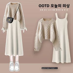 플러스 사이즈 가을 겨울 니트 스웨터 드레스 세트 여성 고급 패션 슬리밍 투피스 수트 출퇴근 스타일 긴팔 라운드넥