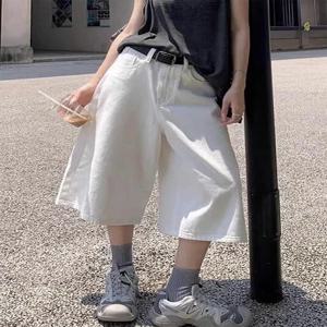 화이트 와이드 레그 7부 데님 반바지 여성 여름 아메리칸 레트로 하이웨이스트 루즈 슬리밍 라지 사이즈 스트레이트 튜브 미드팬츠