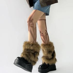 Y2K 빈티지 인조 모피 레그 워머 핫걸 하라주쿠 겨울 따뜻한 털 부츠 커버 양말 여성 JK 펑크 힙합 코스프레 액세서리