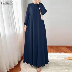 ZANZEA 무슬림 단정한 패션 맥시 드레스 히잡 여성용 O넥 긴팔 핀턱 루즈 롱 드레스 라마단 아바야 로브 3XL
