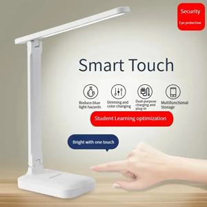 LED 터치 스위치 화이트 접이식 데스크 램프 침실 침대 옆 스터디 독서 눈 보호 야간 조명 USB 플러그인 디밍 가능 화이트 데스크 램프