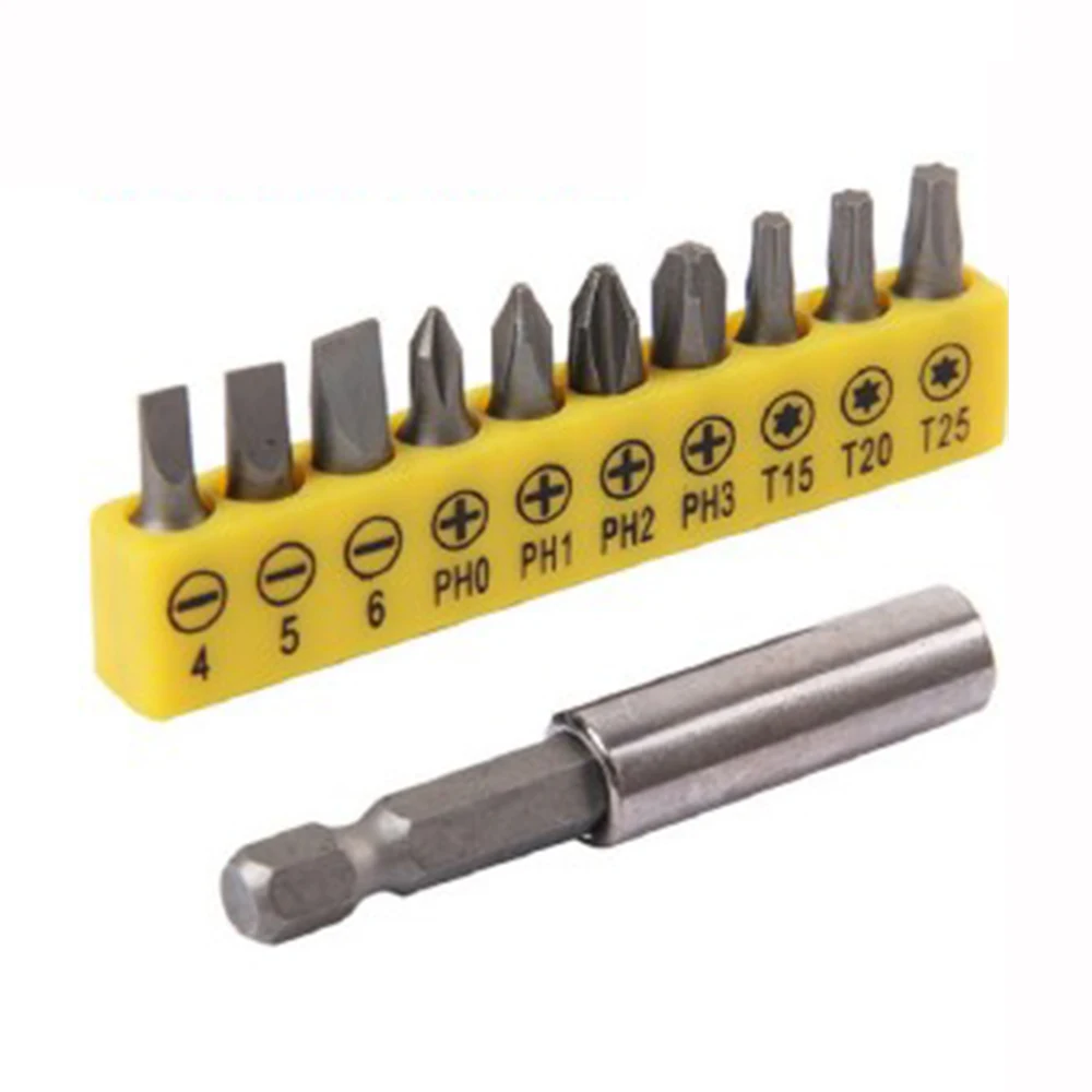 10pc 고무 스트립 십자 드라이버 헤드 비트 60mm 변환 연장 막대 목공 전동 공구 세트