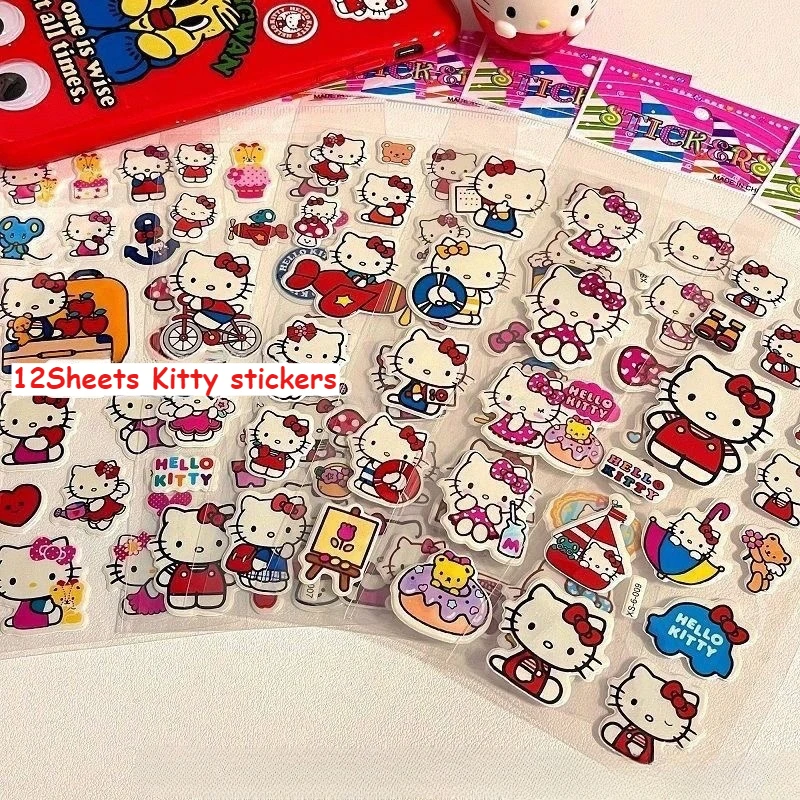 12Steets Kawaii Sanrio 헬로 키티 버블 스티커 귀여운 입체 3D 스티커 만화 어린이 장난감 선물 DIY 데칼