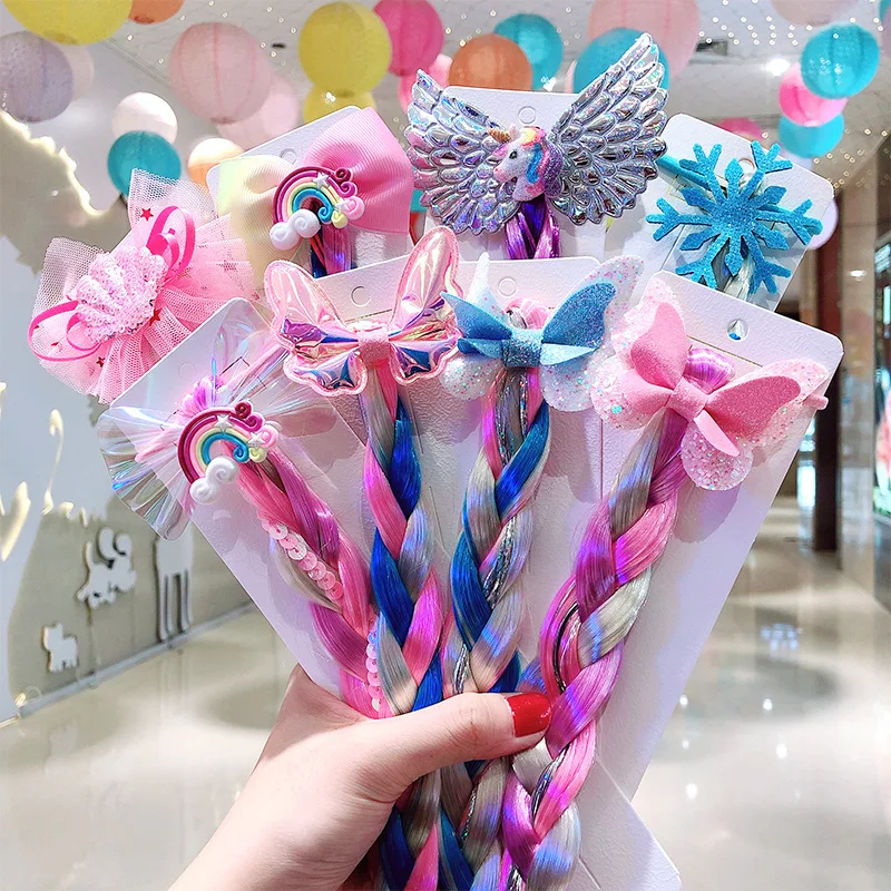 공주 브레이드 유니콘 레인보우 헤어 피스 코스프레 엘사 드레스 용 땋은 가발 유아 소녀 파티 웨딩 생일 세트