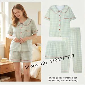 여성용 3피스 파자마 세트, 체크무늬 버튼다운 라운지웨어, 반팔 가디건 잠옷, 캐주얼 홈웨어
