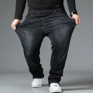 남성용 빅사이즈 블랙 진 10XL 오버사이즈 하이웨이스트 루즈핏 바지 남편 플러스 사이즈 루즈핏 데님 바지 블루 남성 데님 팬츠