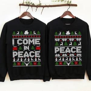 커플 크리스마스 후드티, 남녀 커플룩, 재미있는 'I Come in Peace' 문구, 성인 유머 레터링, 가을 겨울 풀오버