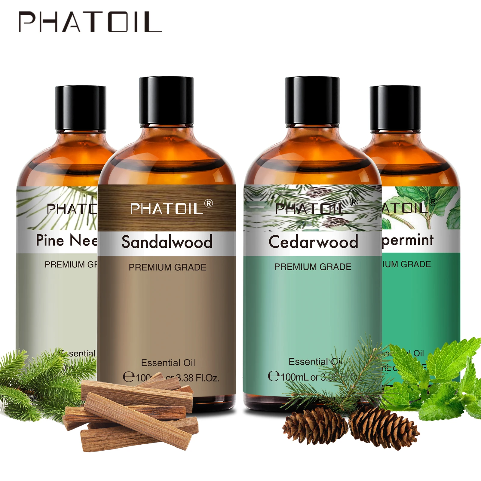 PHATOIL 100ml 프리미엄 에센셜 오일 샌달우드 라벤더 유칼립투스 페퍼민트 레몬그라스 바닐라 아로마테라피 에센셜 오일