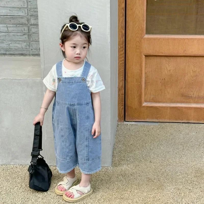 아기 소녀 점프 슈트 소년 솔리드 캐주얼 데님 오버올 진 턱받이 바지 유아 어린이 작업복 가을 소녀 의상 아동 의류