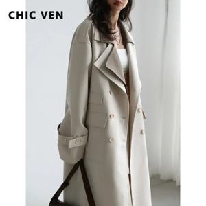CHIC VEN 여성 트렌치코트 솔리드 루즈 대비색 이중 칼라 더블 브레스티드 롱 여성용 윈드브레이커 오피스 레이디 봄 가을
