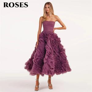 ROSES 보라색 우아한 무도회 원피스 얇은 명주 그물 끈이 없는 포멀 가운, 주름진 A라인 이브닝 원피스, 맞춤형