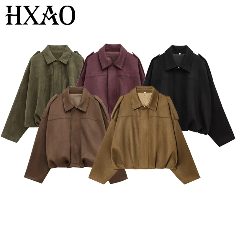HXAO 스웨이드 크롭 재킷 여성용 봄버 재킷 오버사이즈 배트윙 슬리브 아우터웨어 여성 캐주얼 루즈 코트 스트리트 스타일 재킷