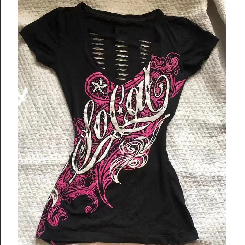 여름 아메리칸 빈티지 할로우 아웃 디자인 의류 여성용 Y2K 펑크 티셔츠 슬림 반소매 티셔츠 고딕 하라주쿠 시크 프린트 탑