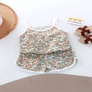 1-6Y 여름 얇은 아동복 귀여운 꽃무늬 민소매 탑 + 반바지 2Pcs 소녀를위한 옷 면화 어린이 잠옷 매일