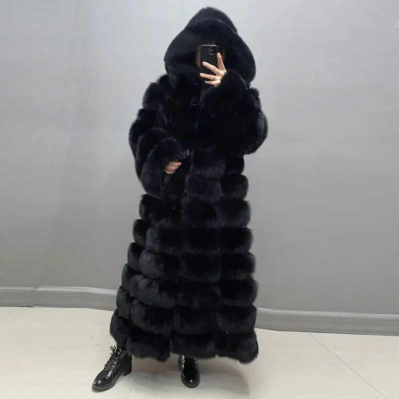여성용 진짜 여우 모피 코트, 두껍고 따뜻한 전체 소매 후드, 고품질 천연 모피 패션 오버코트, 맞춤형 사이즈, 겨울