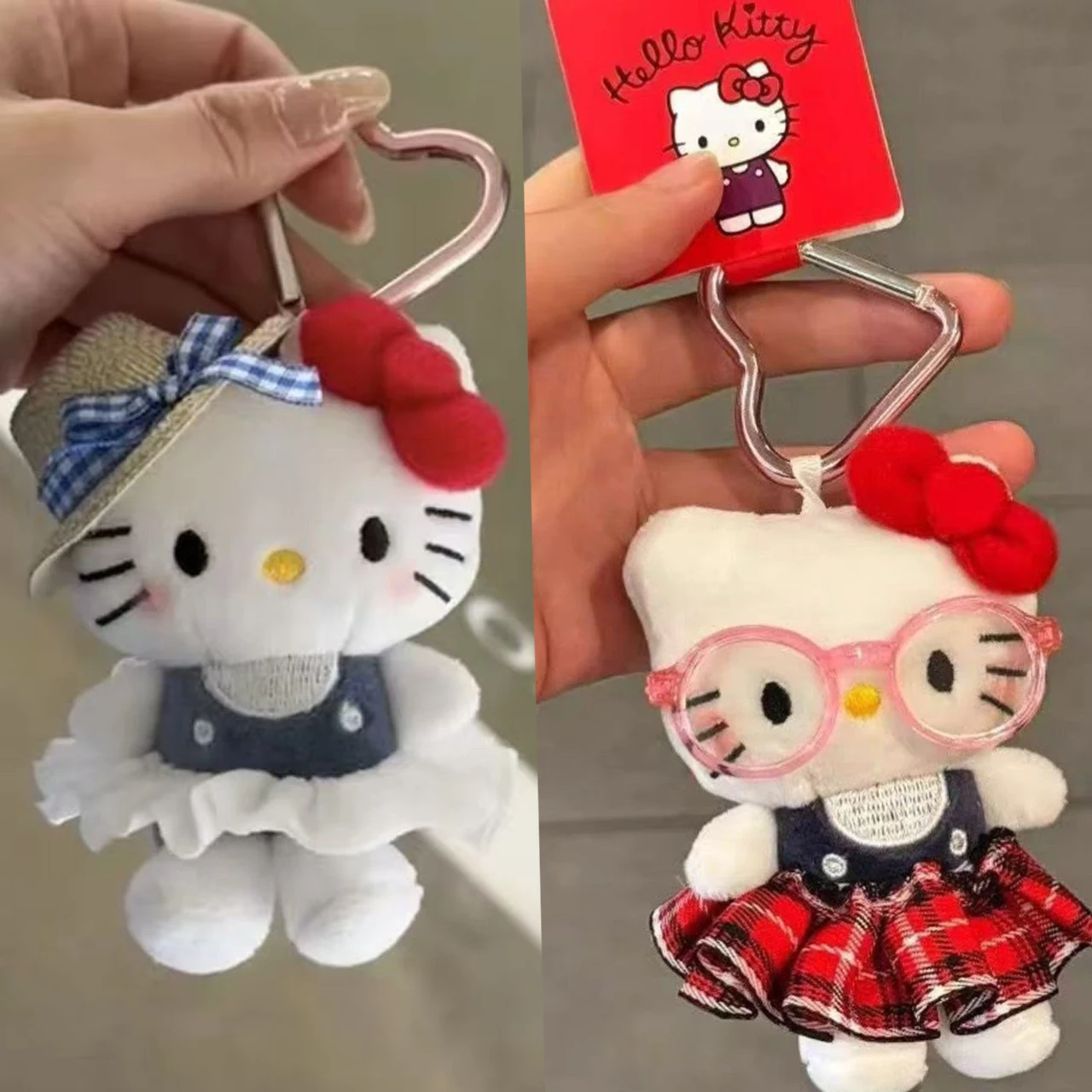 산리오 헬로키티 주변 인형 키체인 귀여운 패션 선글라스 키티 고양이 키링 백팩 플러시 장난감 키체인 생일 선물