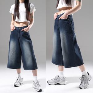 여성 버뮤다 청바지 반바지 데님 팬츠 빅사이즈 와이드 7부 청반바지 봄 여름 진청