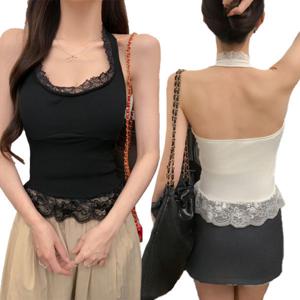 여성 민소매 나시 레이어드 레이스 홀터넥 여름 프릴 나시티