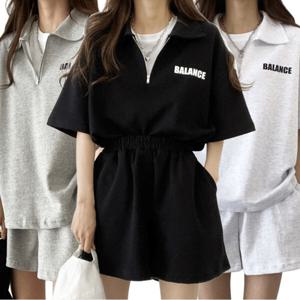 여성 루즈핏 반팔 트레이닝복 세트 밴딩 반바지 셋업 상하의 여자 여름 운동복 츄리닝 세트 아노락 SK22