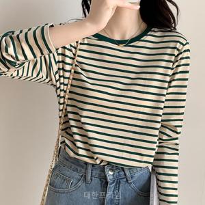 여성 루즈핏 스트라이프 긴소매 티셔츠