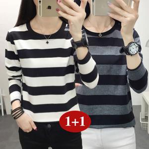 여성 얇은 캐주얼 긴팔 라운드넥 스트라이프 티셔츠 1+1