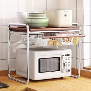 주방 2단 서랍형 선반 우드 스텐 전자레인지 밥솥 에어프라이어 거치대