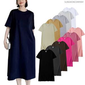 이너퀸 프리수 여성용 빅사이즈 반팔 면 100% 코튼 스판 무지 베이직 롱 여름 데일리 코튼라운드원피스