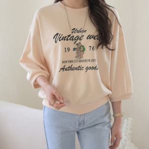 베어리 여성 루즈핏 곰돌이 프린팅 쭈리 면 7부 반팔 맨투맨 티셔츠