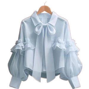 SUTA 프렌치 쉬폰 퍼프소매 여성 블라우스 리본블라우스 셔츠 남방 레이스