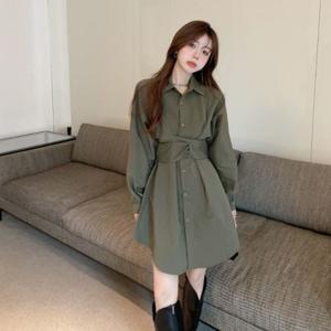 데일리 카라넥 셔츠 원피스 긴팔 셔링 남방 숏바지 투피스 단정한 출근복 슬림 허리조임 셔츠원피스