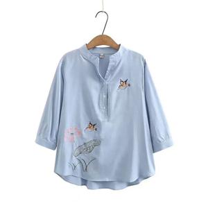 여자 7부 소매 반팔 인견 블라우스 자수 반팔티