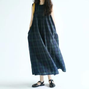 여름 면 마 빅 사이즈 체크 나시 스커트 민소매 원피스